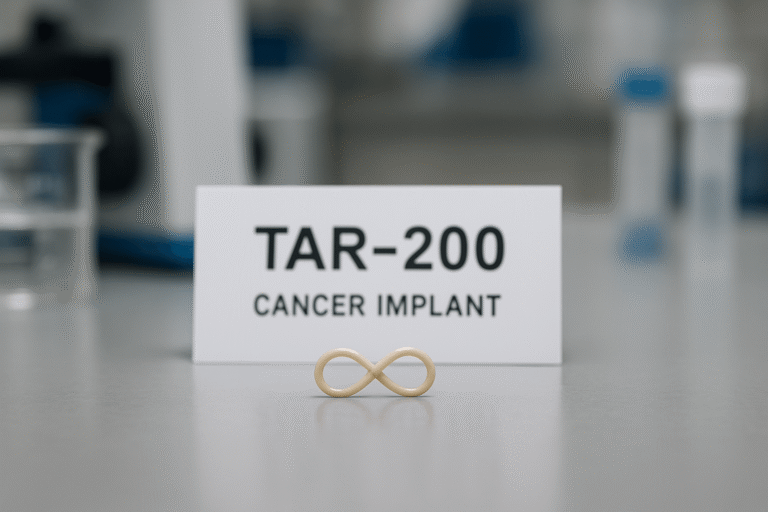 Pretzel-shaped TAR-200 bladder cancer implant displayed on a lab table with label in background.