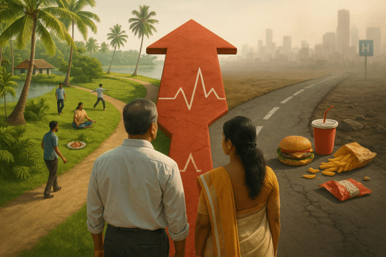 Malayali couple facing two contrasting paths symbolizing diabetes lifestyle choices in Kerala.