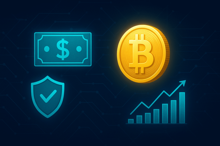 Golden Bitcoin coin with digital financial icons and glowing network background crypto 2025