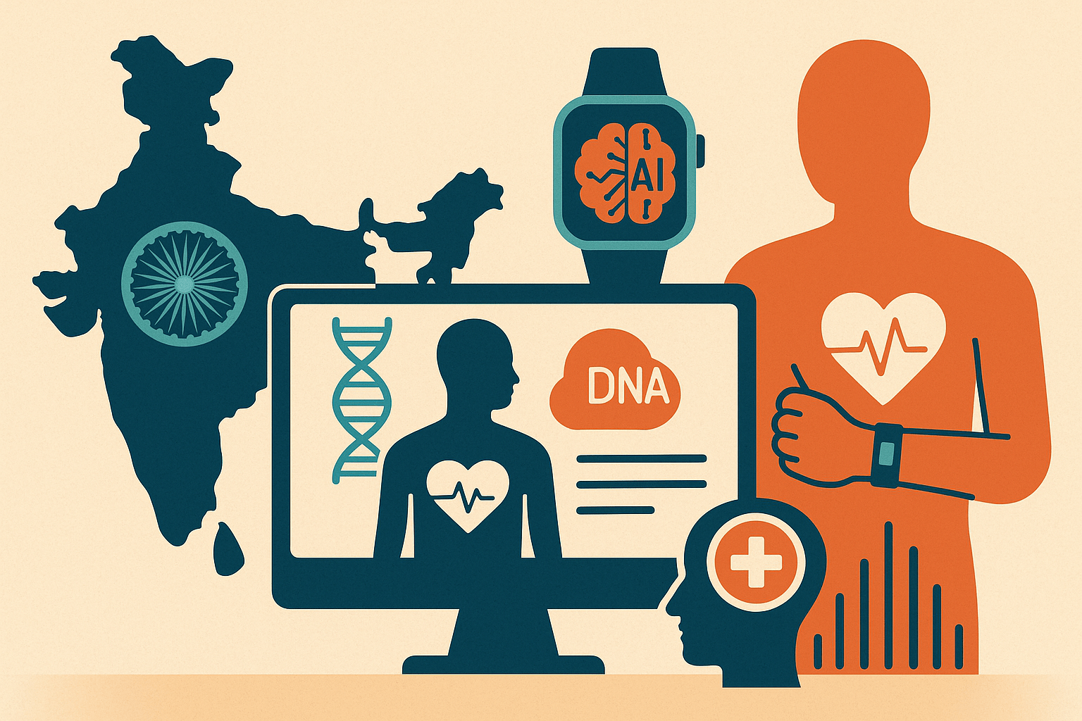 Digital healthcare illustration showing AI, wearables and diagnostics in India