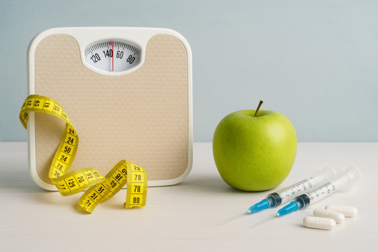 weight loss drugs, scale with pills, syringes, apple and measuring tape