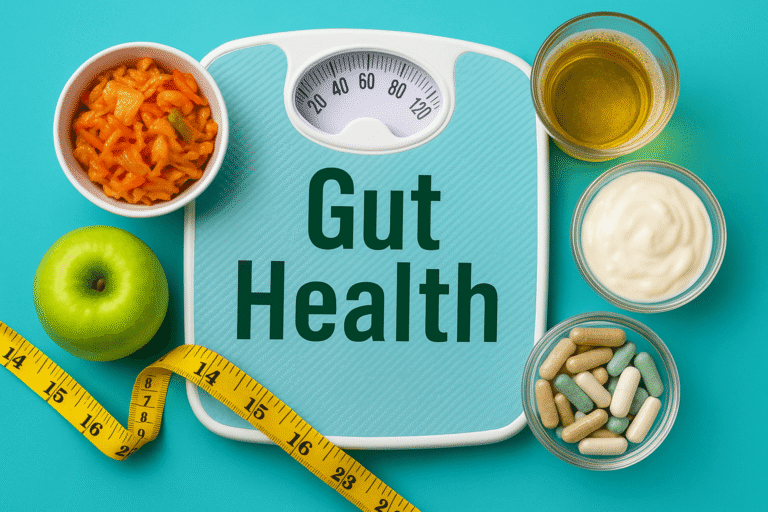 Fermented foods, supplements, apple and scale symbolizing gut health India Newsquare