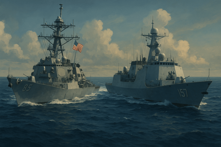 US and Chinese naval ships facing off in the South China Sea.