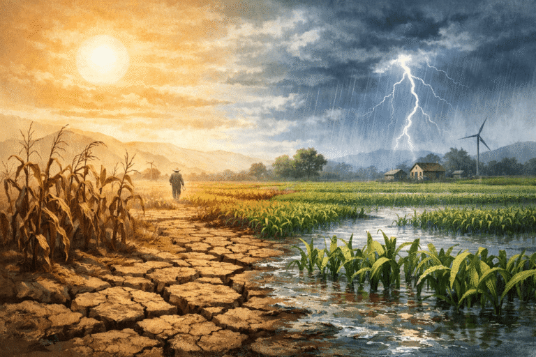 Climate change and food security illustrated through drought and flooding affecting farmland
