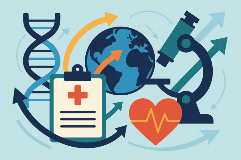 Abstract illustration representing global health breakthroughs 2025 with medical and scientific innovation symbols.