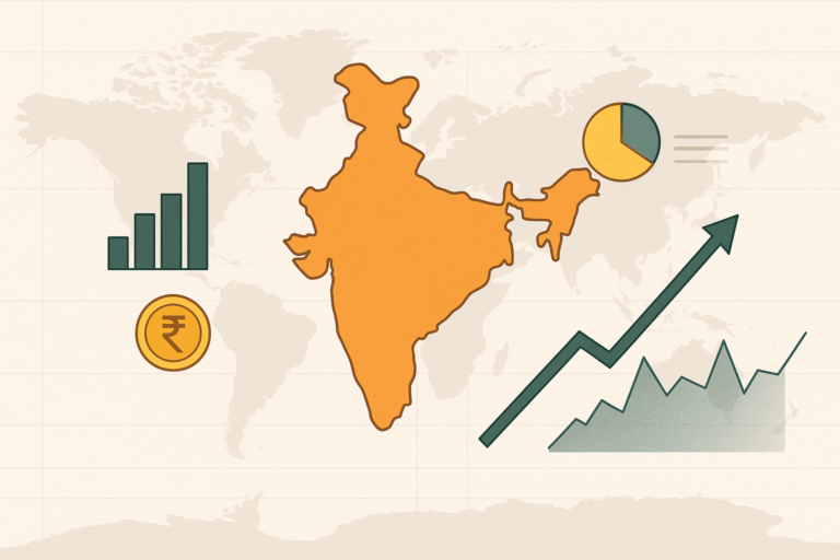 Illustration showing India economic outlook 2025 with growth indicators and financial trends.