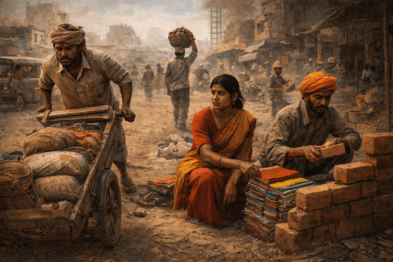 India informal economy 2026 illustrated through informal workers in urban settings