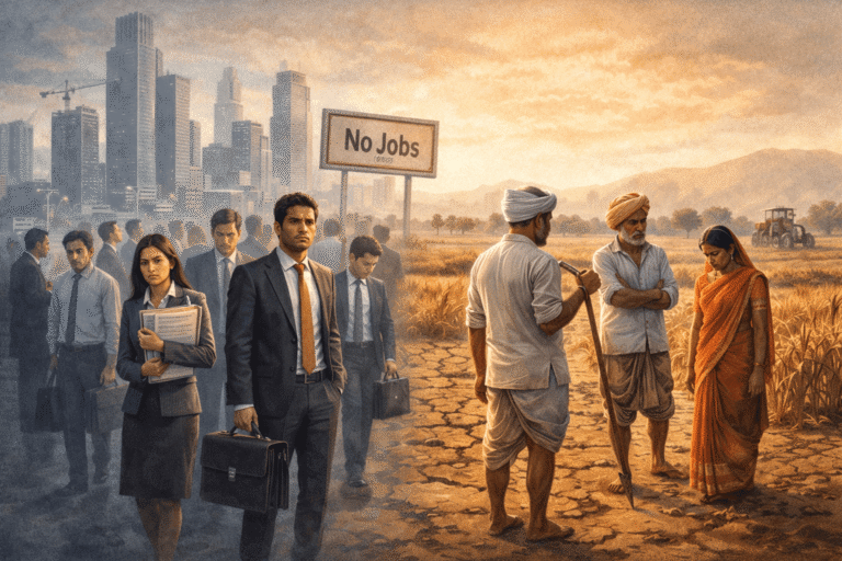 India job crisis 2025 illustrated through urban job seekers and rural workers facing uncertainty