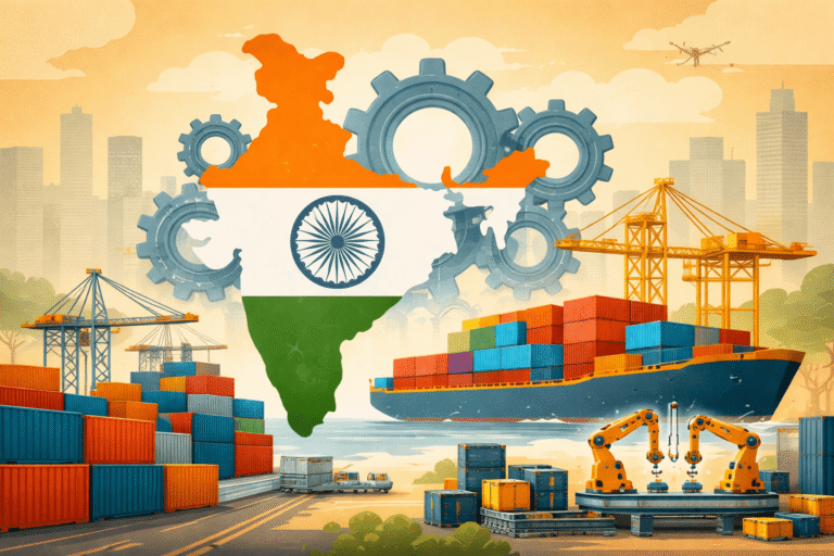 Illustration representing India manufacturing alternative to China with global supply chains and industrial growth.