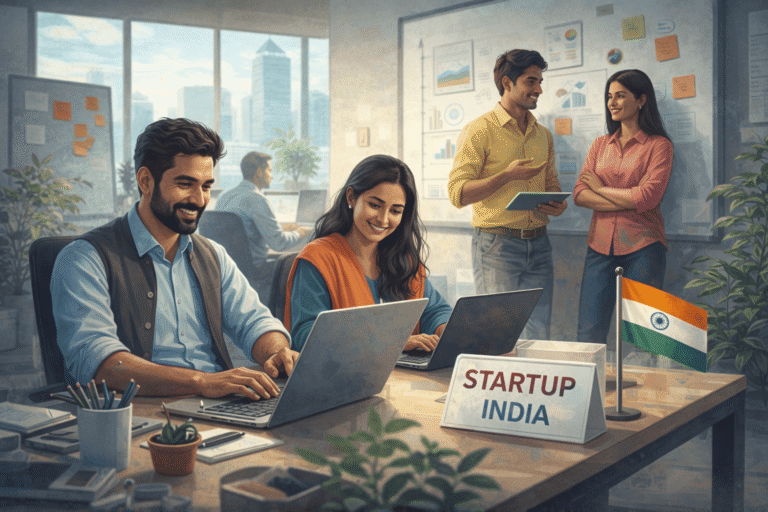 Job creation in India illustrated through startup employees collaborating in a modern workplace