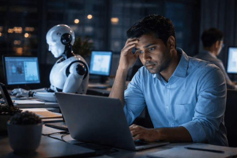Jobs at risk due to AI shown through human workers alongside automated systems in an office.