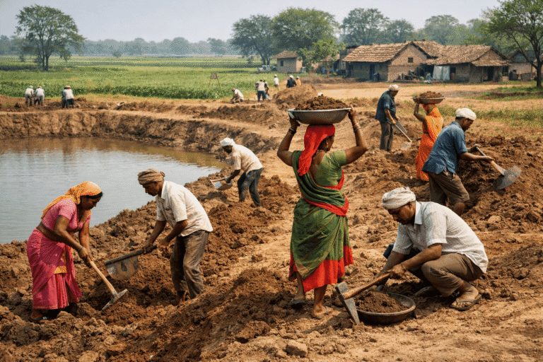 MGNREGA scheme illustrated through rural workers engaged in public employment works in India