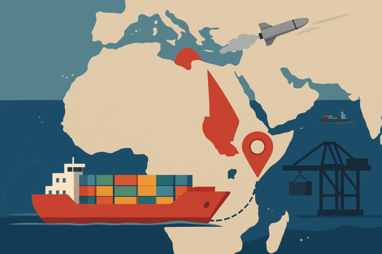 Illustration showing the Red Sea crisis disrupting global trade, with cargo ships rerouting and conflict symbols near the Red Sea region.
