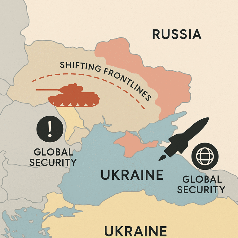 Illustration depicting the Russia Ukraine war 2025 with shifting frontlines and rising global security risks.