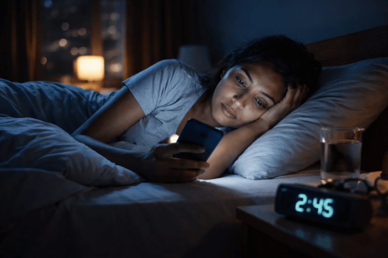 Sleep deprivation in India illustrated by late-night smartphone use disrupting healthy sleep.