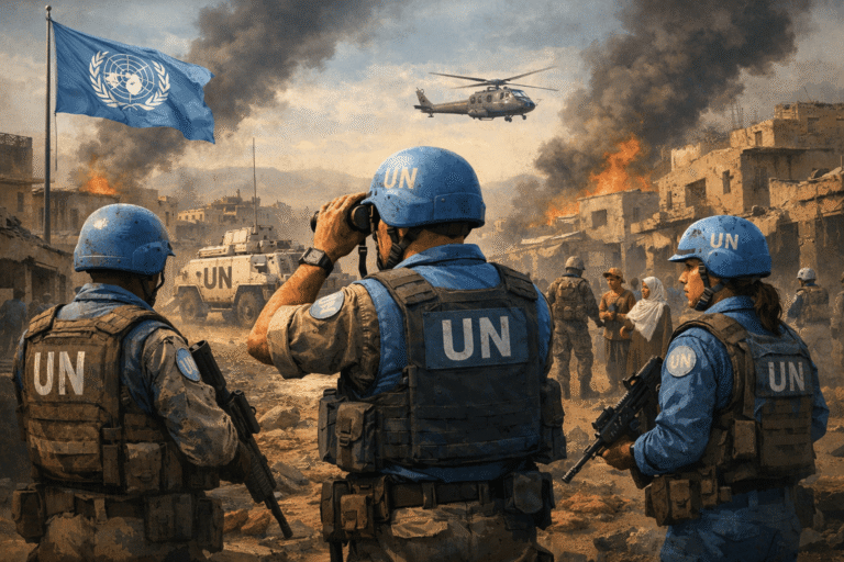 UN peacekeeping 2026 illustrated through peacekeepers operating in a conflict zone