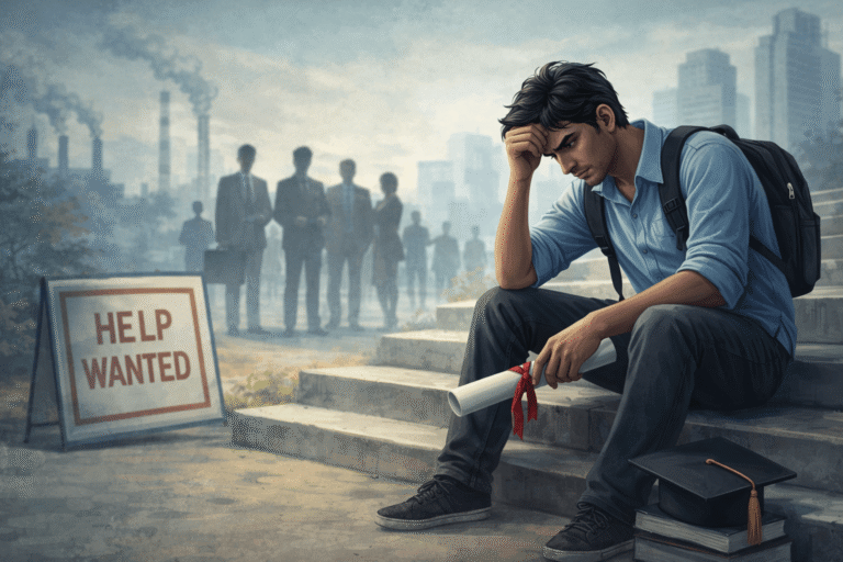 Youth unemployment in India illustrated through an unemployed young graduate holding a degree amid a shrinking job market